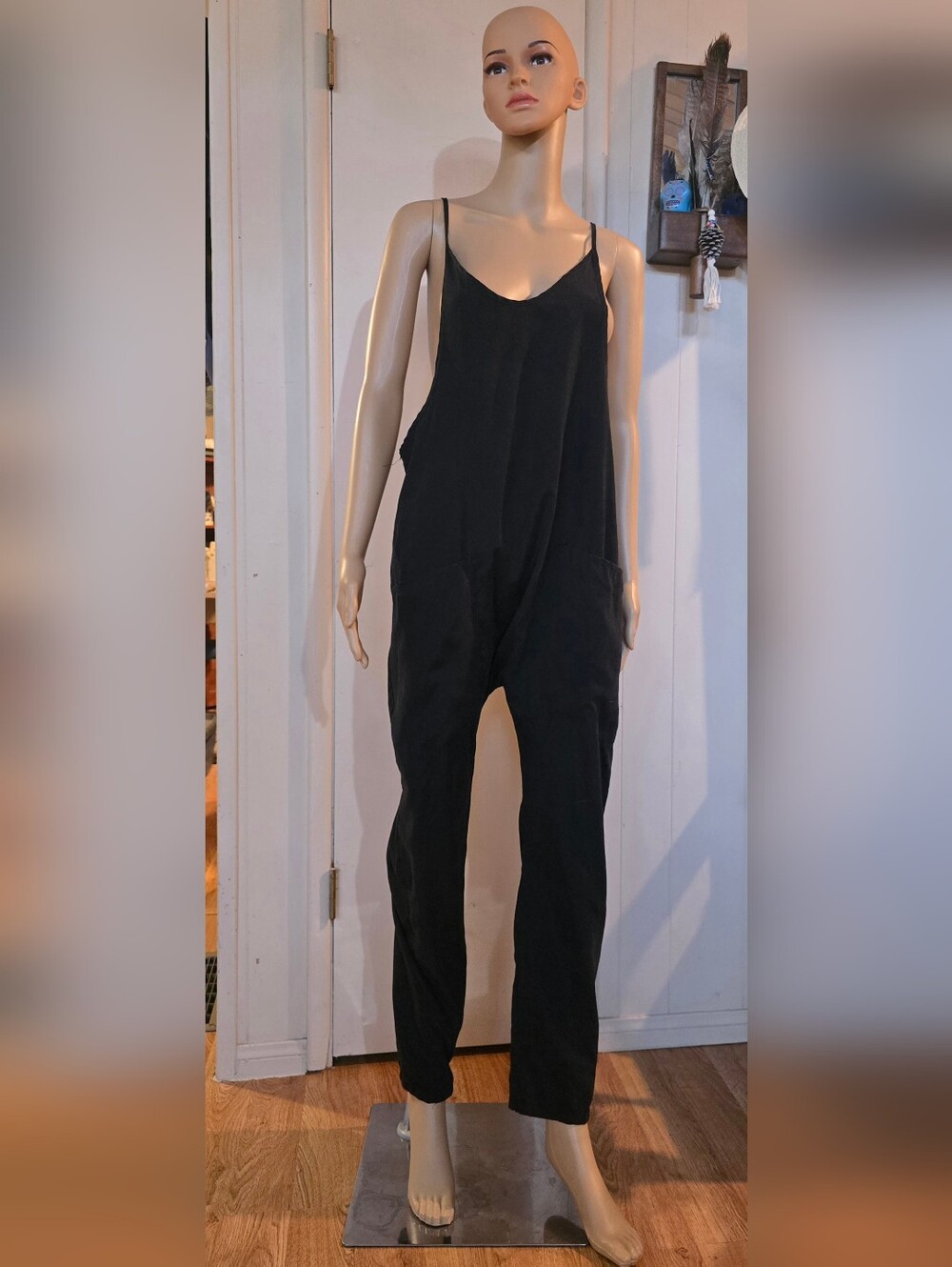 Black, Harem Pant Jumpsuit with Spaghetti Straps And Deep Pockets
